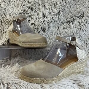 Paseart Tan Suede Jute Wedge Spain Espadrille Closed Toe Sandal Ankle Strap 9 40